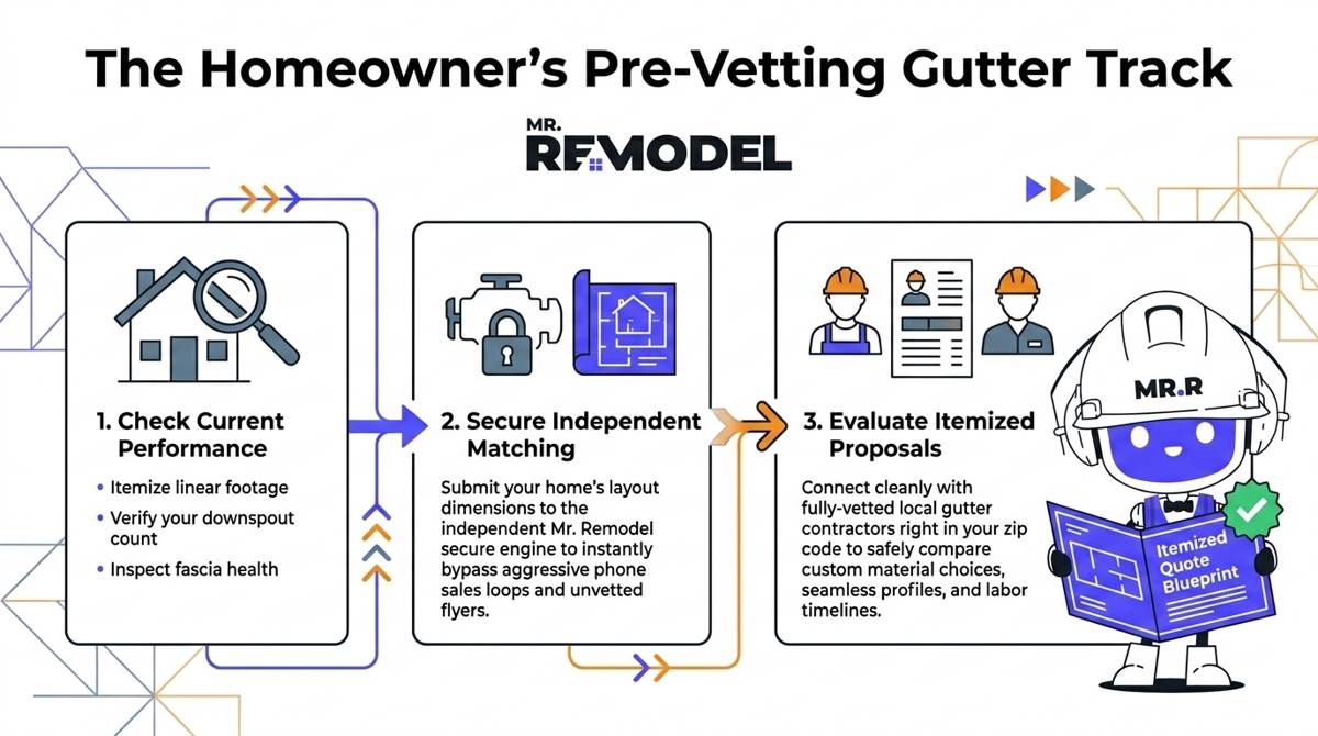 A 3-step planning flowchart demonstrating how the Mr. Remodel referral network connects property owners with independent local gutter contractors to secure itemized quotes.